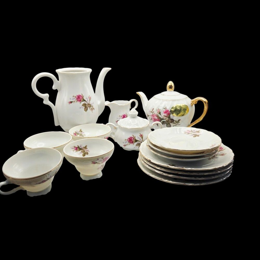 Vintage Japanese Moss Rose 15-Piece Porcelain Tea Set 14K Gold Trim Floral
